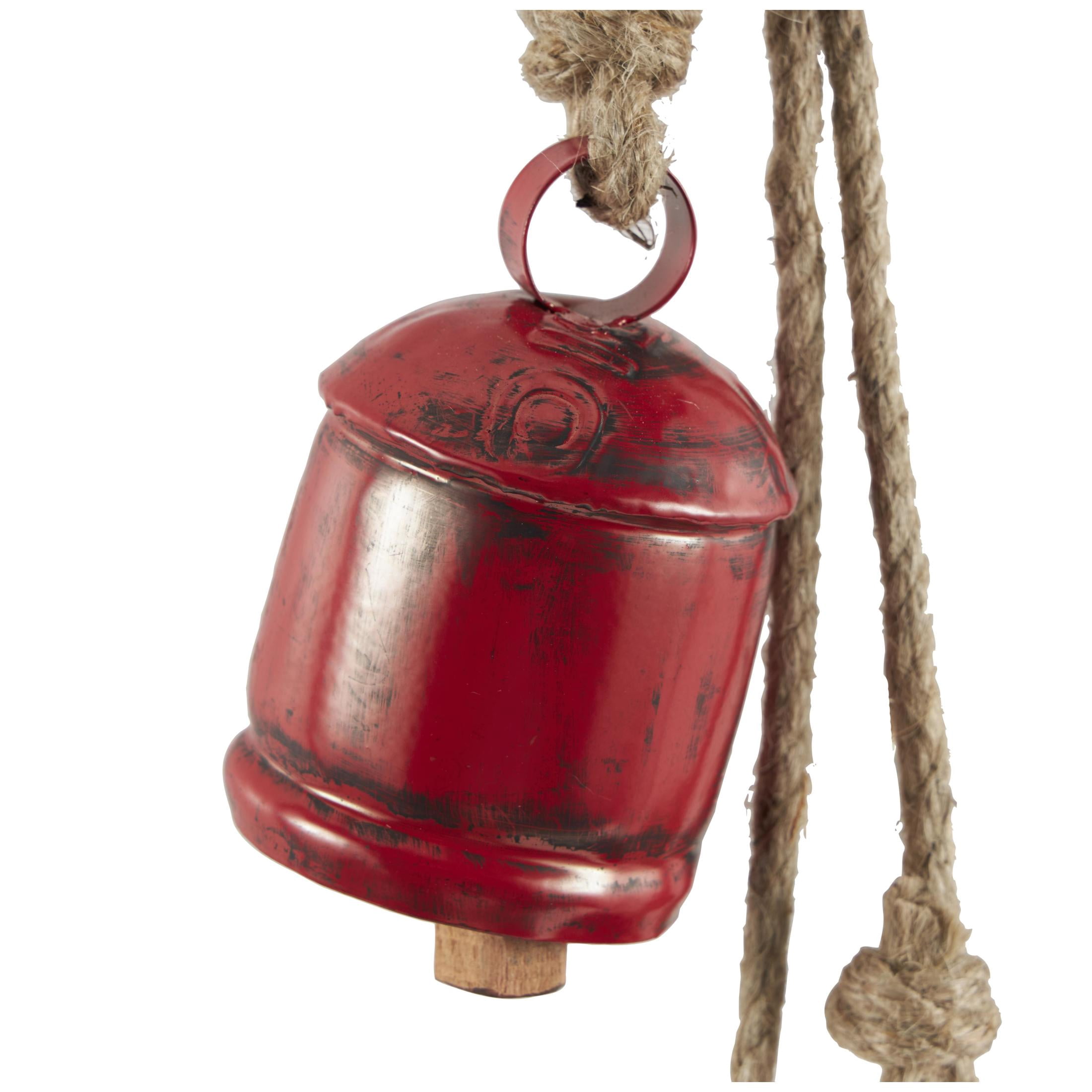 DecMode Tibetan Inspired Cascading Red Metal Cylindrical Decorative Cow Bells with 4 Bells on Jute Hanging Rope