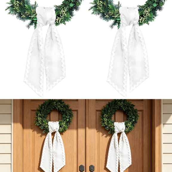 2-Pack White Scalloped Wreath Sashes for Front Door, Ruffle Wreath Ribbon, Yard & Porch Garland Home Decor