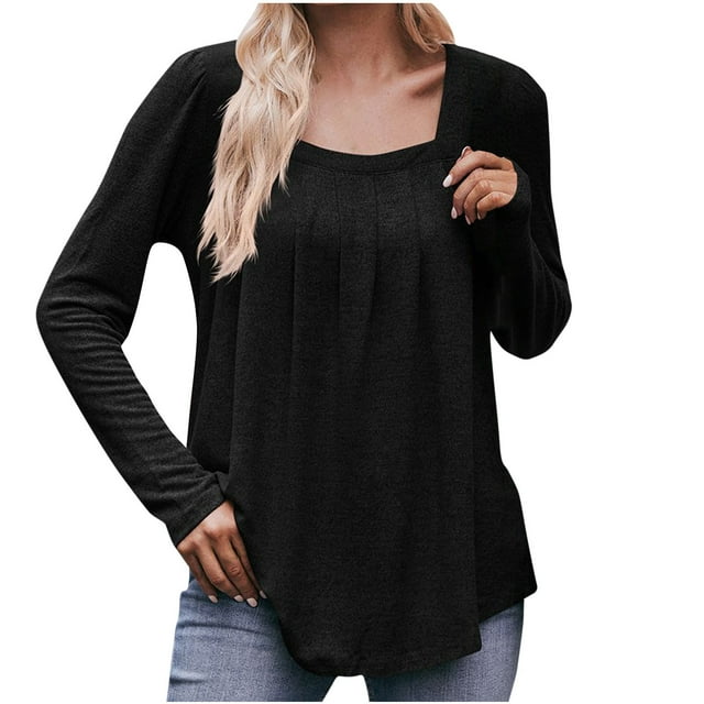 AherBiu Tuniques pour Femmes à Manches Longues d'Automne, Blouses à Encolure Carrée, Chic Décontracté, Froncées, Coupe Ample