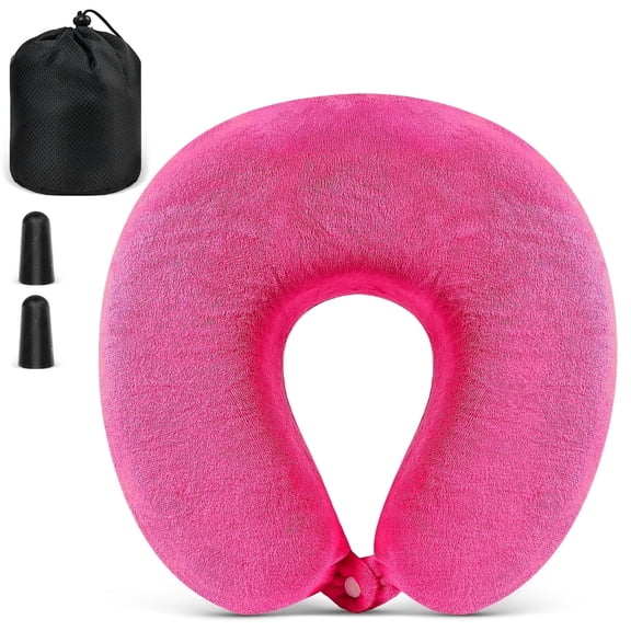 Fosmon Kids Travel Neck Pillow, Memory Foam Travel Neck Pillow for Kids on Airplane, Car and Road Trip, Supporting Head and Chin with Washable Cover & Ear Plugs, Pink