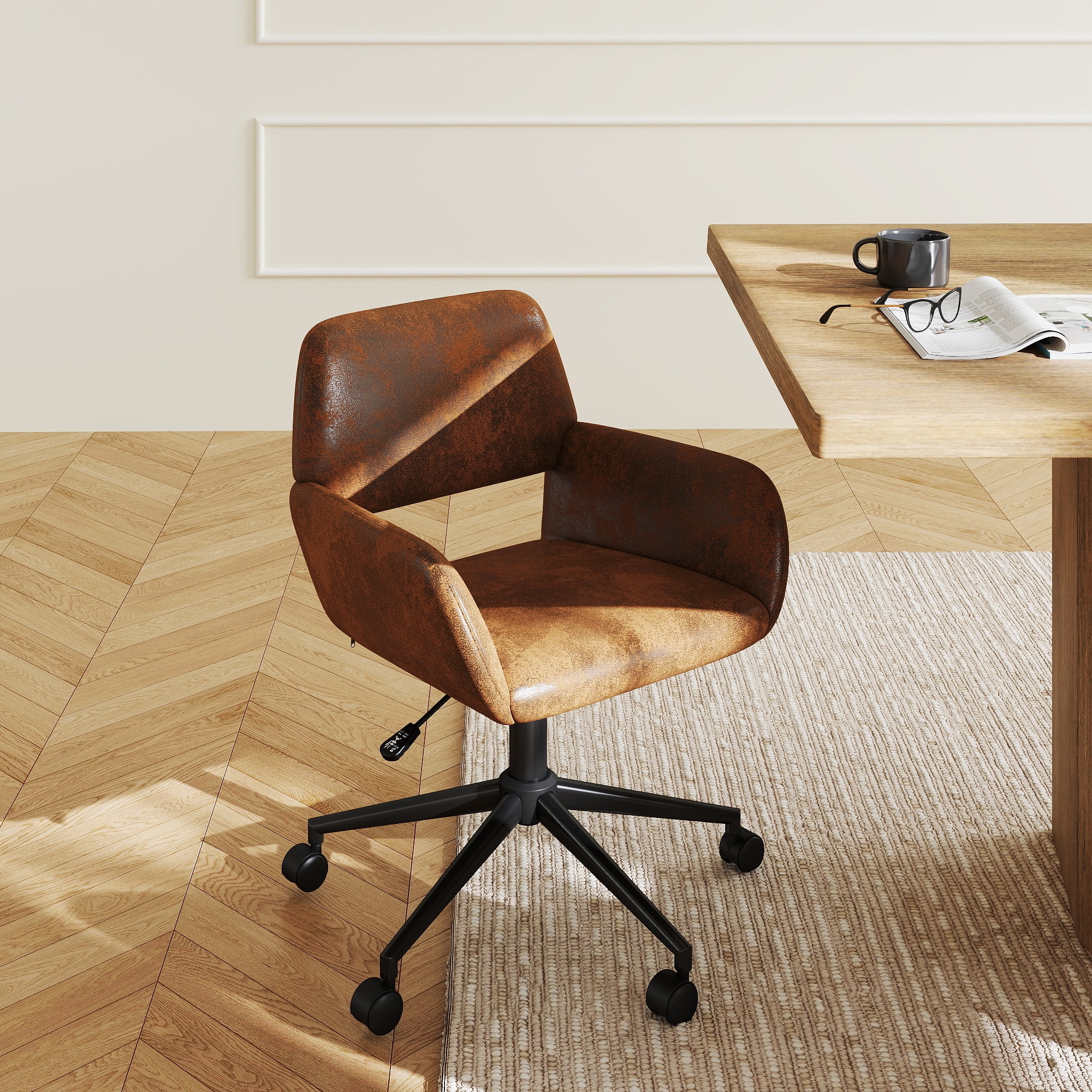 Homy Casa Adjustable Task Chair, Swivel Office Chair with Ergonomic Backrest Upholstery, Brown