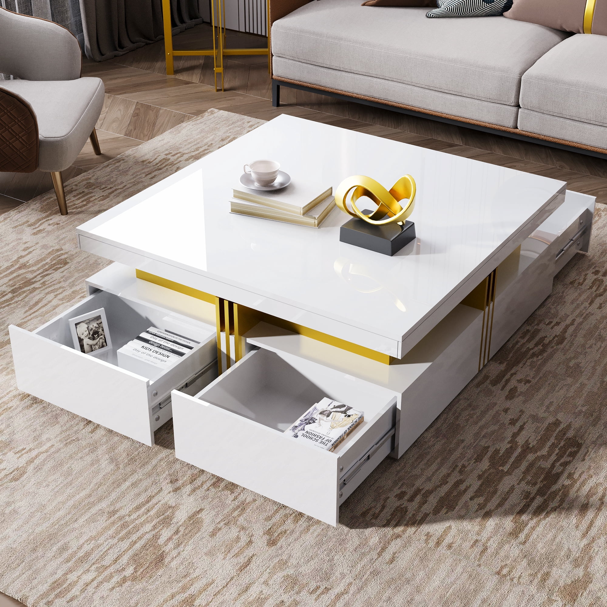 Euroco Modern Glossy Square Storage Coffee Table with 4 Drawers, 43.3", White