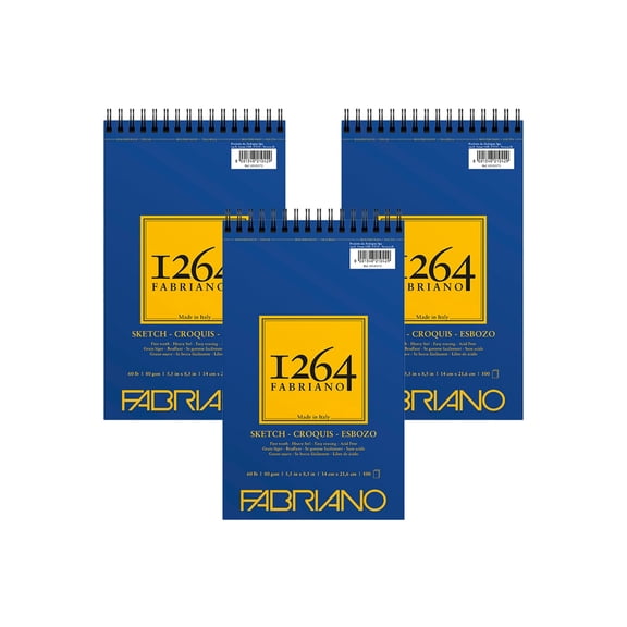 Fabriano 1264 Sketch Pad, Spiral Bound, 5.5 inx8.5”, 60 lb, 100 Sheets, 100% Alpha-Cellulose, Sketching & Drafting, Three Pack