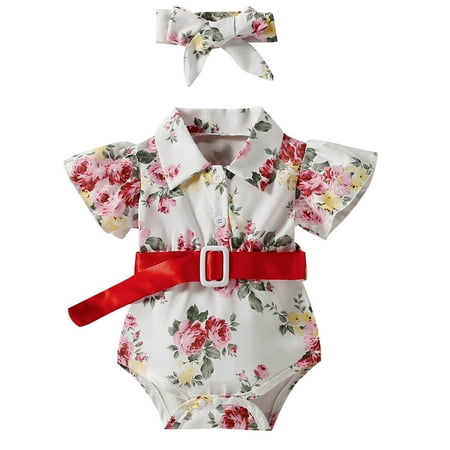 

Penkiiy Toddler Baby Girl Fashion Cute Flowers Print Comfortable Belt Romper Jumpsuit Headband Suit Cotton One-piece Romper 6-12 Months Red on Clearance