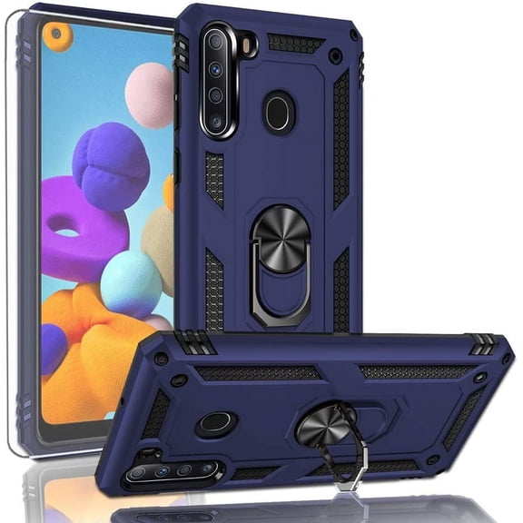 for Galaxy A21 Case, with HD Screen Protector,[Military Grade] Ring Car Mount Kickstand Hybrid Hard PC Soft TPU Shockproof Protective Case for Samsung Galaxy A21 (Blue)