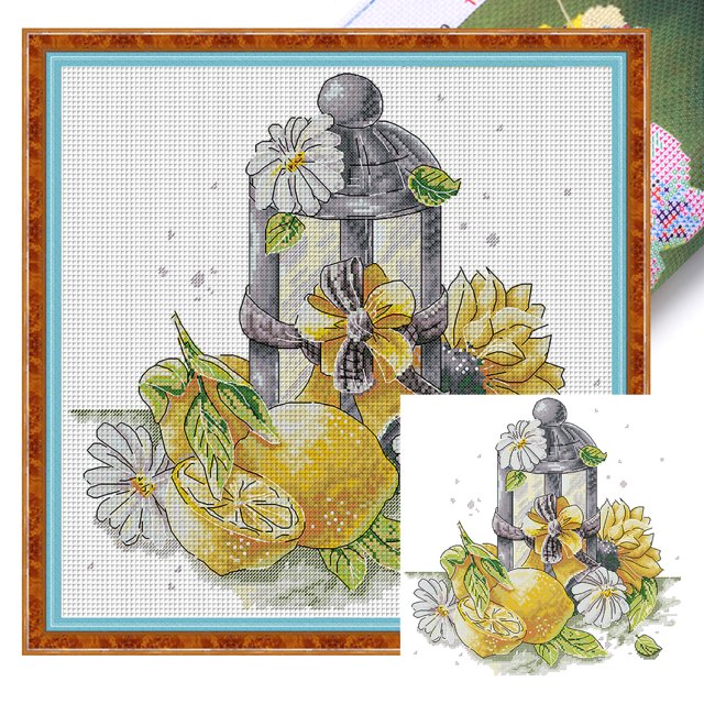 (J707) Hilo Algodón Ecológico para Bordado No Manchú 14CT 2 Hebras Impresión 38*37cm Kit Serie Bodegones en Punto Cruz Verano Flores Y Linternas (borde Gancho)