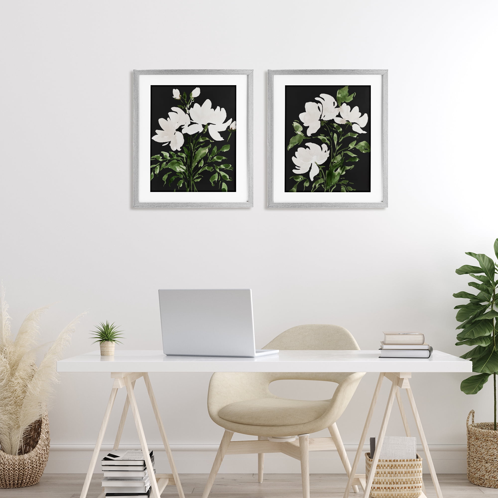 Stupell Industries White On Black Blooms 2 Piece Gray Framed Print Under Glass Set, design by Lucille Price