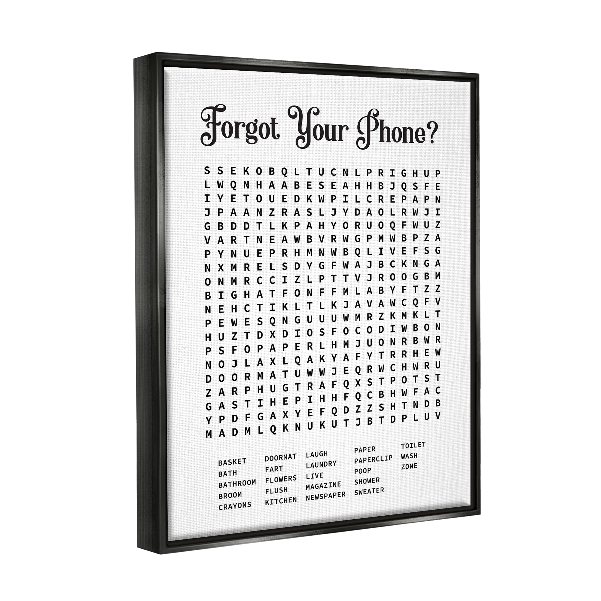 Stupell Industries Phone Crossword Puzzle Bathroom Word Design Jet Black Framed Floating Canvas Wall Art, 16x20, by Lettered and Lined