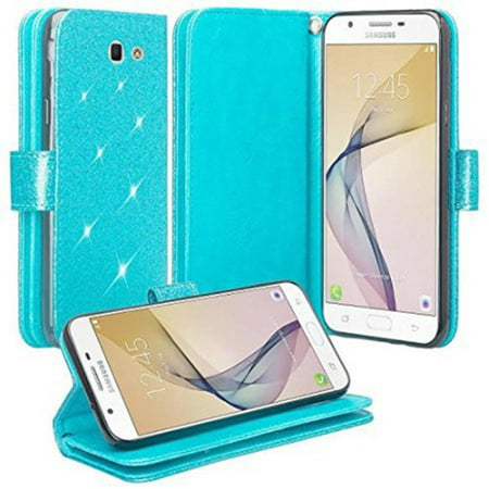 Samsung Galaxy J7 Prime, J7 V, J7 Perx, J7 Sky Pro, Halo Case - Wydan Bling Glitter Wallet Card Slot Kickstand Feature w/ Strap Sparkle Phone Cover -