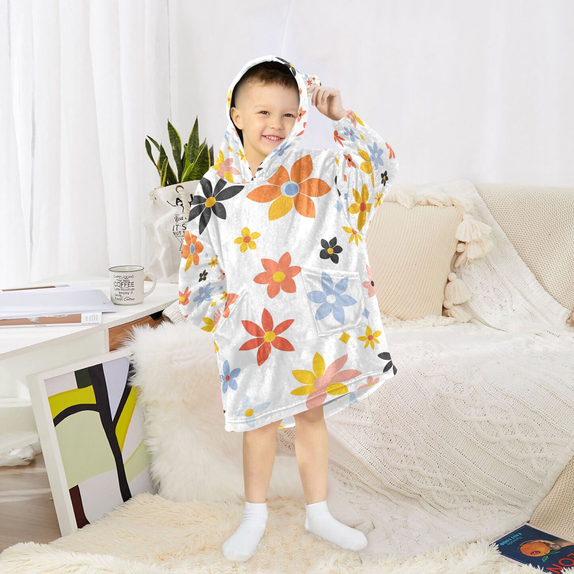 FORMRS Wearable Blanket Hoodie with Sleeves for Kids Cozy Flannel Sweatshirt, Colorful Retro Floral