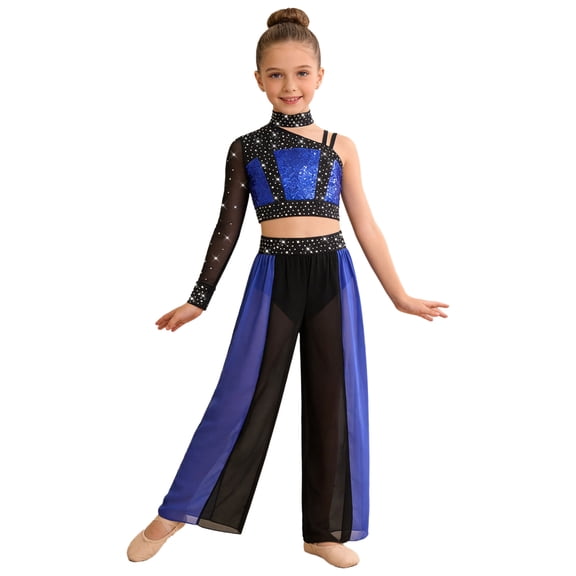 inlzdz Kids Girls Two Piece Jazz Dance Clothing Set Sparkly Single Shoulder Long Sleeve Crop Top with Loose Pants Royal Blue 6