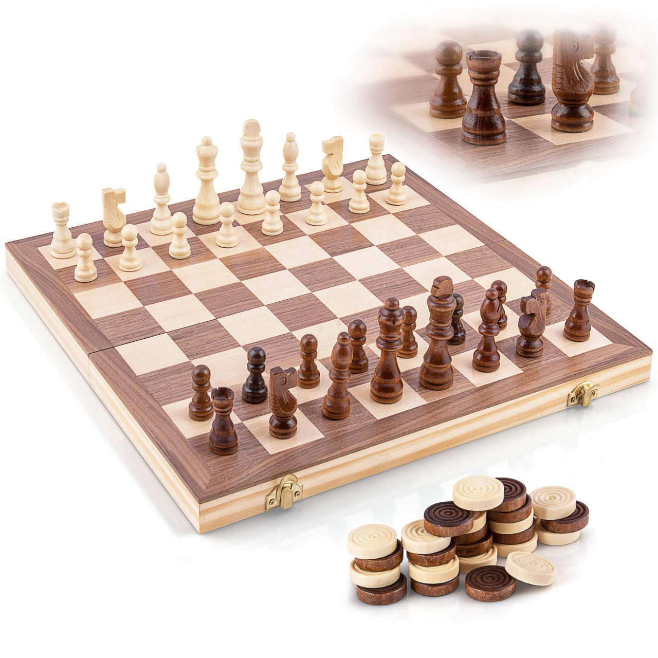 Wooden 8" Chess/Checkers Set Wood Board Hand Carved Crafted Pieces Folding Game 