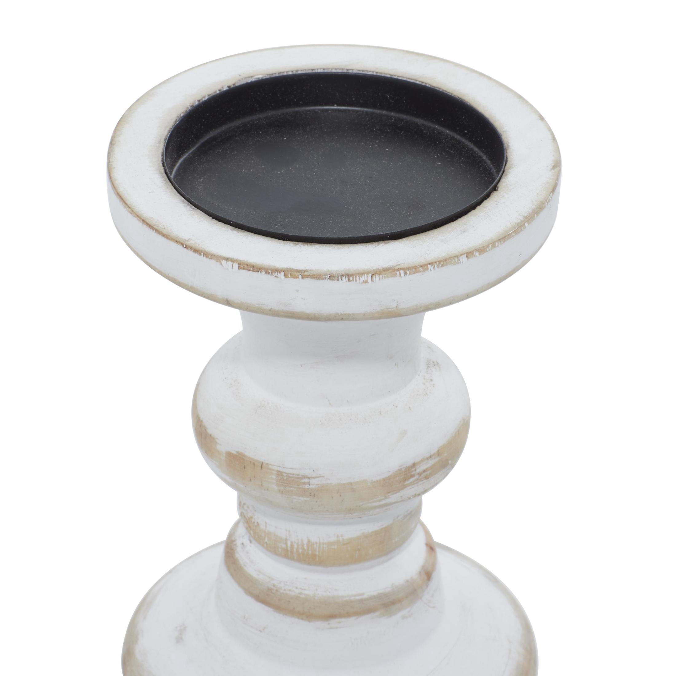 DecMode Farmhouse Wood Pillar Candle Holders, Set of 3, 8", 6", 4"H, White Distressed Finish
