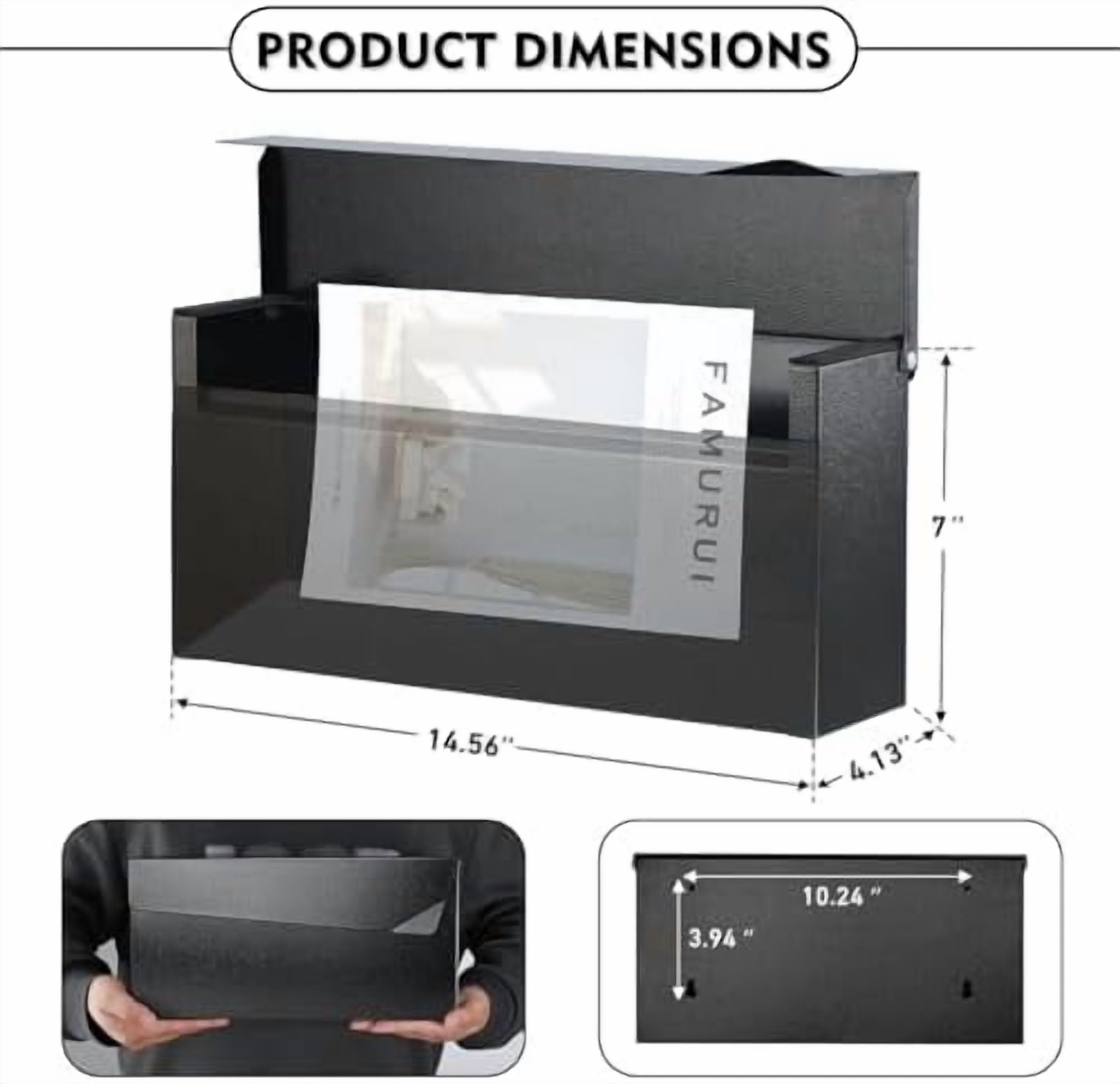 Wall-Mount Mailbox, Large Capacity Mail Box, Mailboxes for Outside, Galvanized Steel Rust-Proof Metal Post Box, 14.56" x7" x4.13" Black