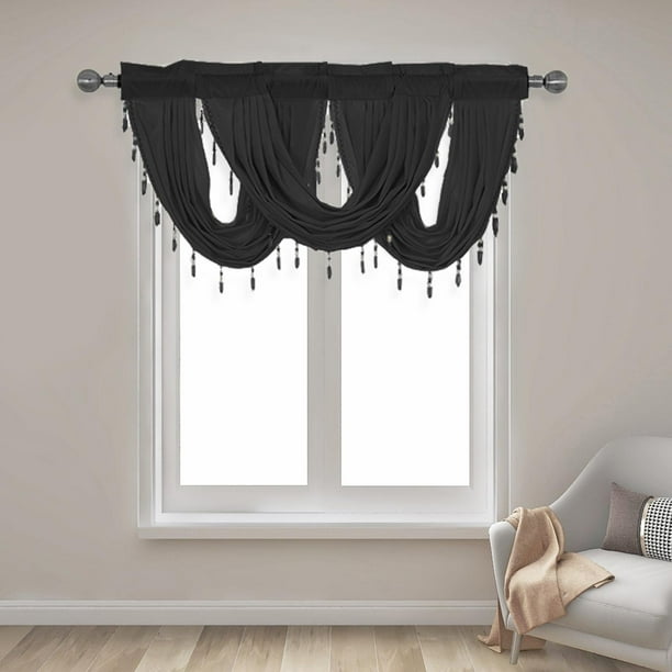 Cenefas de cortina de cocina perfecl poliéster elegante bolsillo de varilla 45x94cm negro