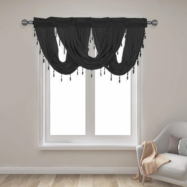 Cenefas de cortina de cocina perfecl poliéster elegante bolsillo de varilla 45x94cm negro