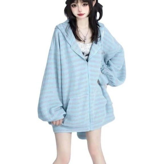 Kukuzhu Y2K Bunny Ear Hoodie Harajuku Kawaii Striped Zip Up Hoodie Vintage Baggy Hoodie Punk Streetwear Jackets Goth Clothes