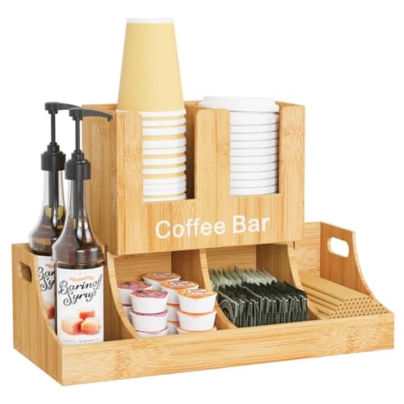 Coffee Station Organizer Bamboo Coffee Bar Organizer for Countertop Condiment and Cup Storage Organizer Bar Accessories for Kitchen Office Home Brown