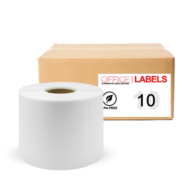 10 rolls of 30256 compatible labels for DYMO, each roll containing 300 labels, measuring 2-5/16 inches by 4 inches (59mm x 104mm). The labels are made of high-quality bright white direct thermal paper. The image shows a roll of labels in the foreground and a labeled cardboard box in the background, indicating BPA-free material and the Office Labels brand.
