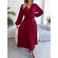 thumbnail image 3 of Women's Long Sleeve V-Neck Elegant Dresses for Women Robe with Belt Solid Crisscross Pleated Long Max Dress Mature, 3 of 6