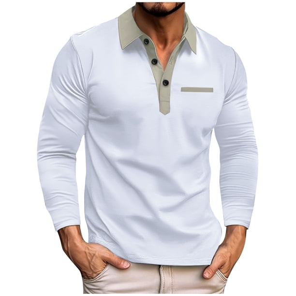 Blusa y camisa de manga larga con cuello vuelto y botones para hombre, blusa deportiva de manga larga con empalme para hombre