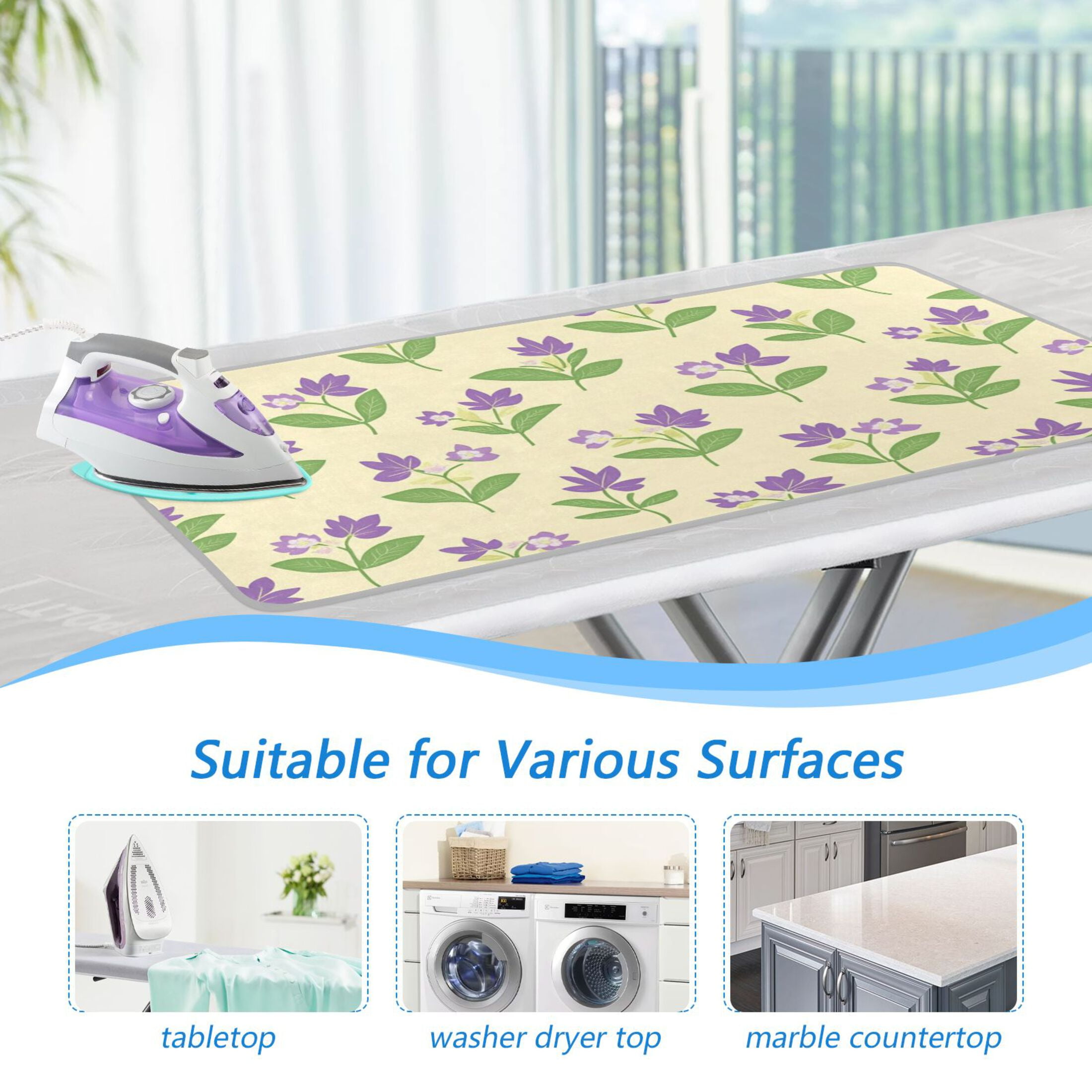 Purple Flowers and Green Leaves Ironing Mat Blanket for Table Top Travel Portable Ironing Board Pad 47.2x27.6 Inch