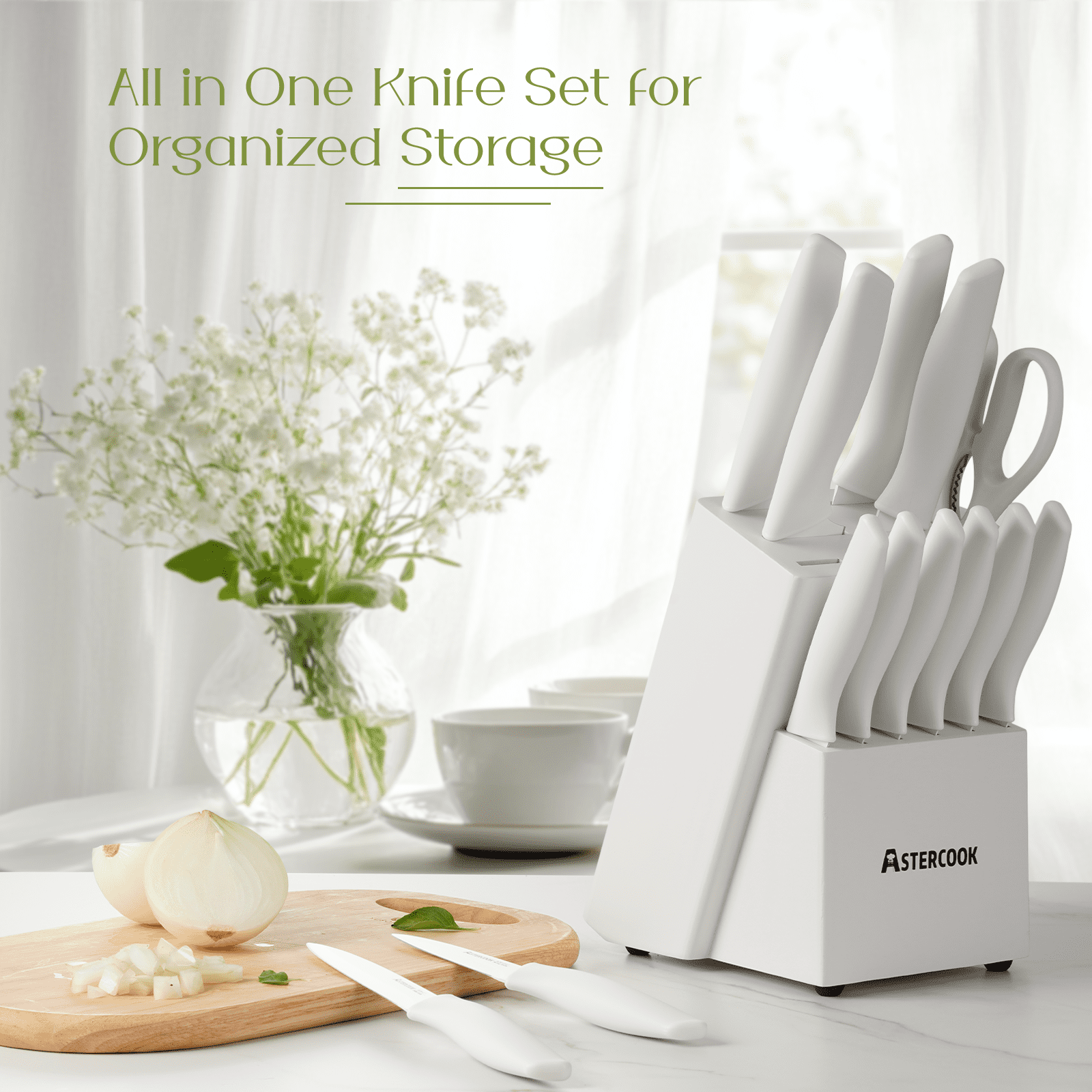 Astercook Knife Set, 14 Pieces Kitchen Knives Set with Healthy Anti-Rust Coating, Stainless Steel Knife Sets with Built-in Sharpener, Sharp & Rust Resistant Dishwasher Safe Bright White