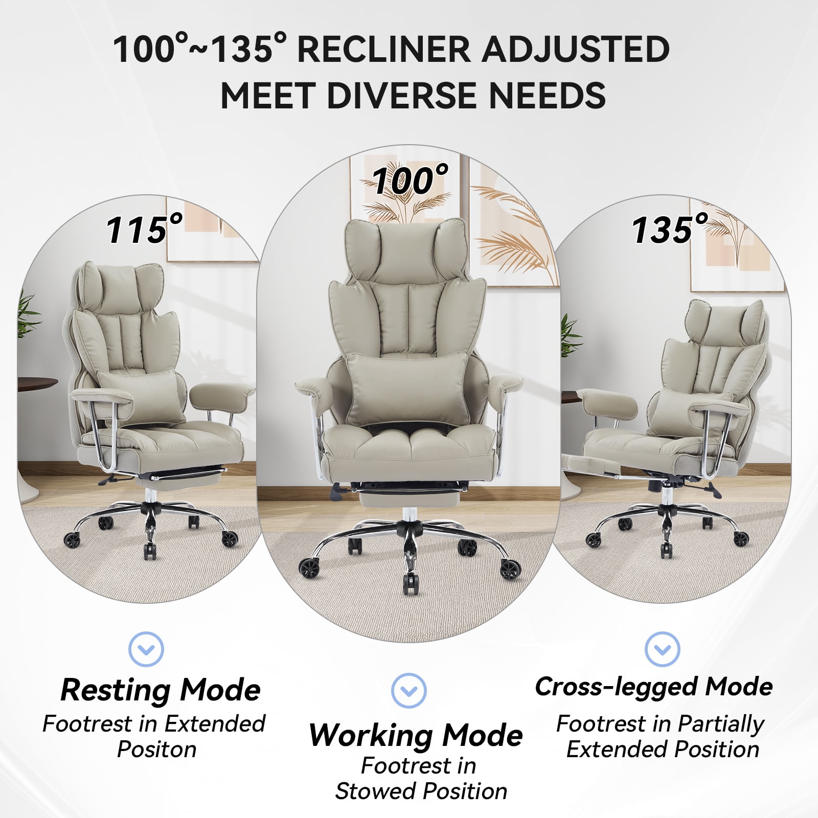 ATMILD 400 lbs Big and Tall Ergonomic PU Leather Office Chair with Footrest, Grey