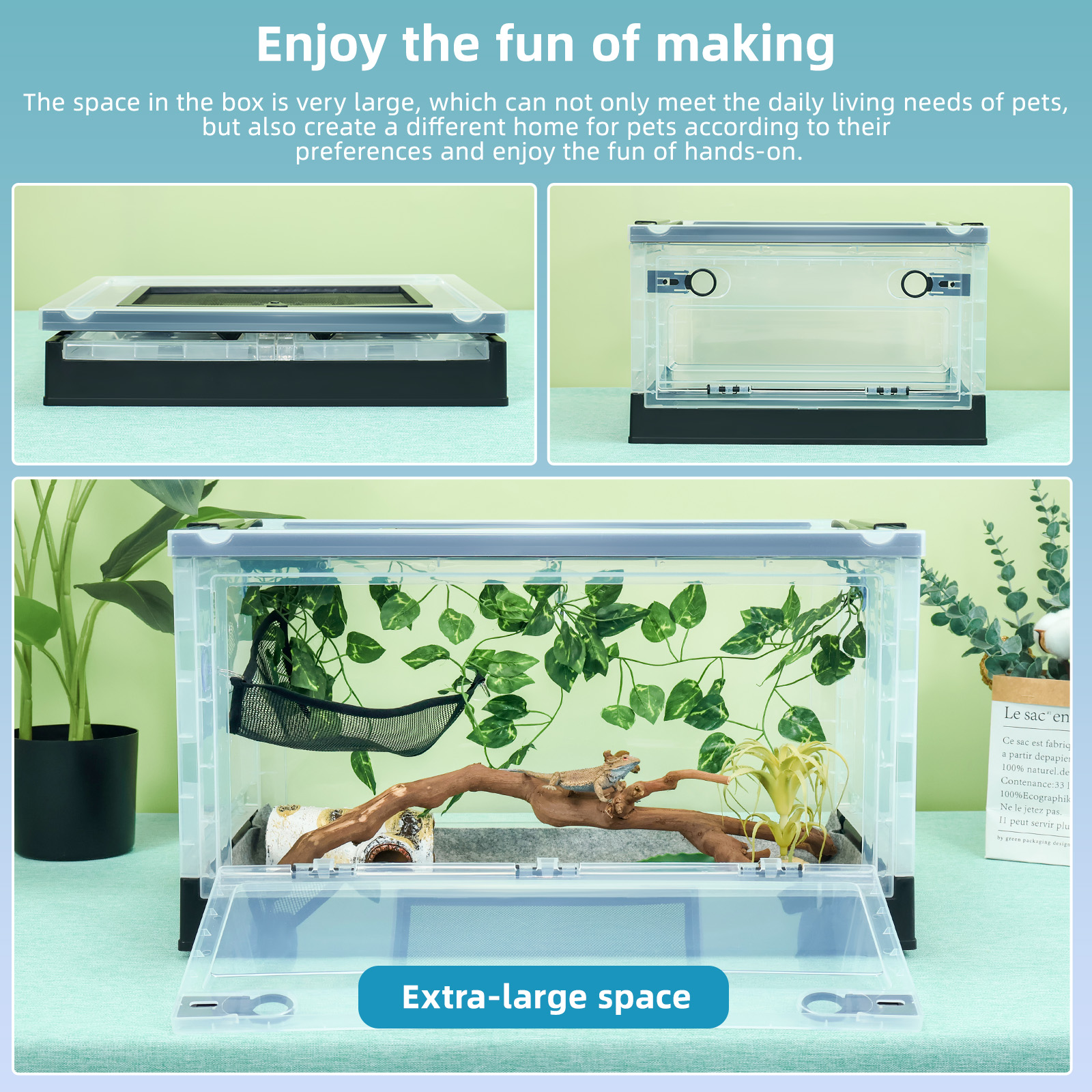 Reptile Terrarium Kit - Snake Terrarium & Bearded Dragon Tank with Clear Views Foldable Hermit Crab Cage, Lizard Tank & Crested Gecko Habitat Heat-Safe Iron Mesh Medium