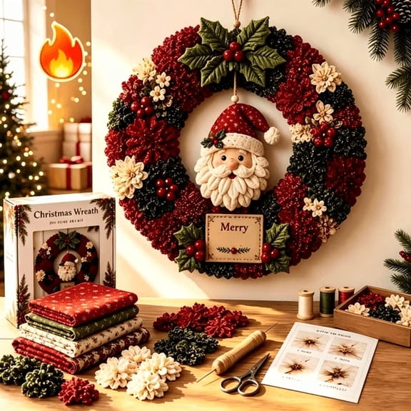 Clearance 3D Christmas Wreath Fabric Poke Art Kit, Santa Poke Art Kits for Adults, Christmas Wreaths Ornament Making Kit for Front Door