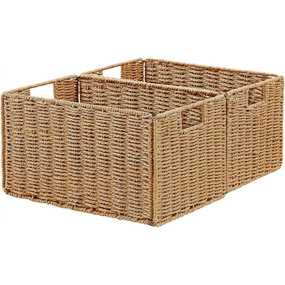 Wicker Storage Basket, Set of 2 Hand-Woven Paper Rope Wicker Basket, Small Storage Baskets for Organizing Toilet Paper Basket, Foldable Large Cube Storage Organizer Bins for Shelves (Natural
