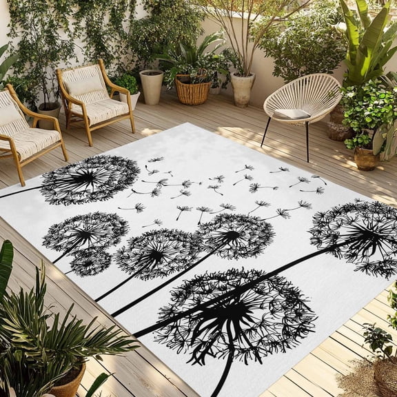 Dandelion Outdoor Rug for Patio/Deck/Porch, Non-Slip Large Area Rug 6 x 9 Ft, Black White Modern Country Rustic Plants Indoor Outdoor Rugs Washable Area Rugs, Reversible Camping Rug Carpet Runner
