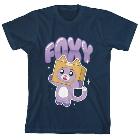 Lanky Box Glittering Foxy With Bubbly Text Youth Navy Crew Neck Short Sleeve Tee-XS