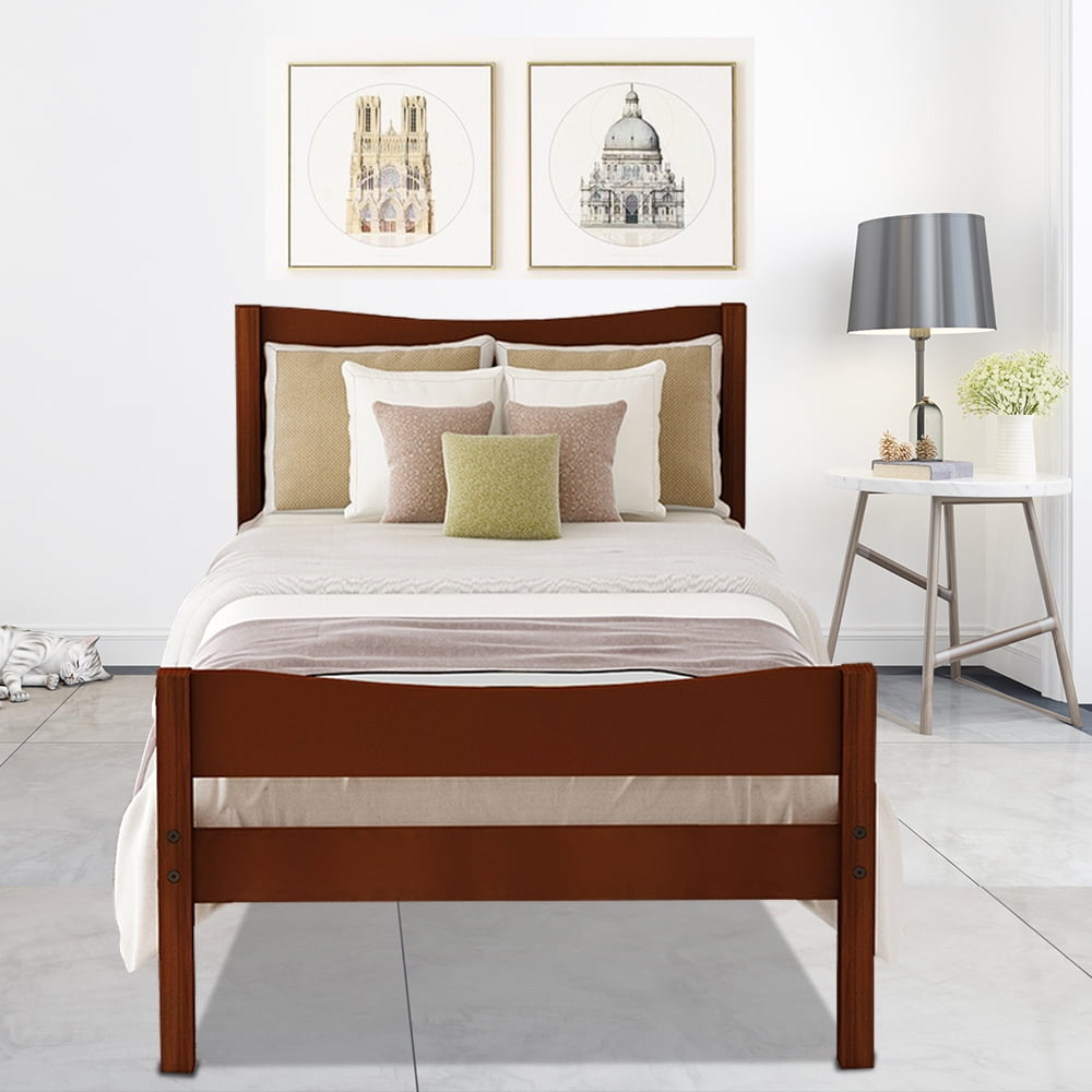 Sesslife Wood Twin Beds, Platform Bed Frame with Headboard and