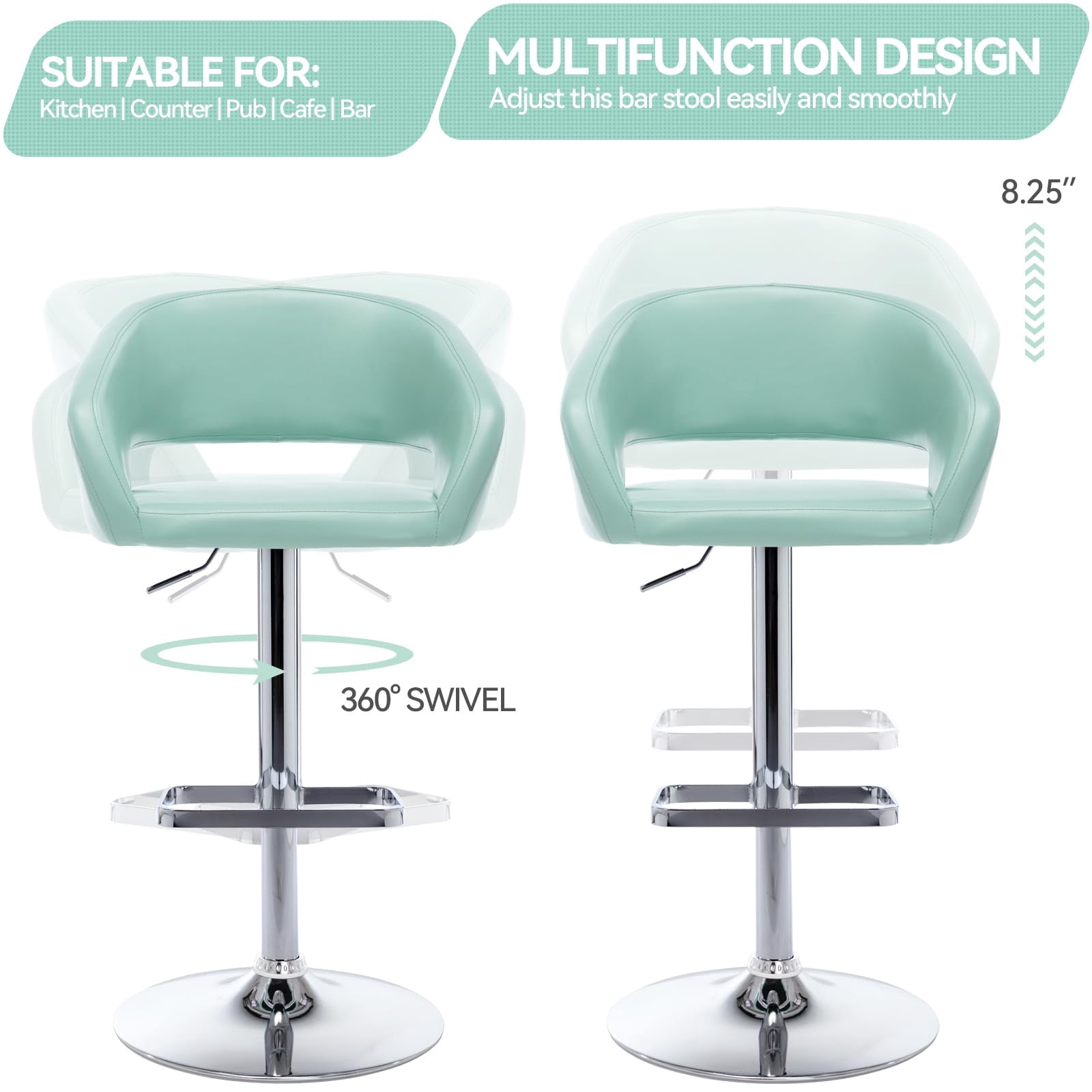 PU Leather Bar Stools, Adjustable Height 24."-32.25, Swivel Barstools with Back & Footrest, Upholstered Bar Chairs for Kitchen Island, Dining Room, Home Bar (Mint Green, Silver Base)