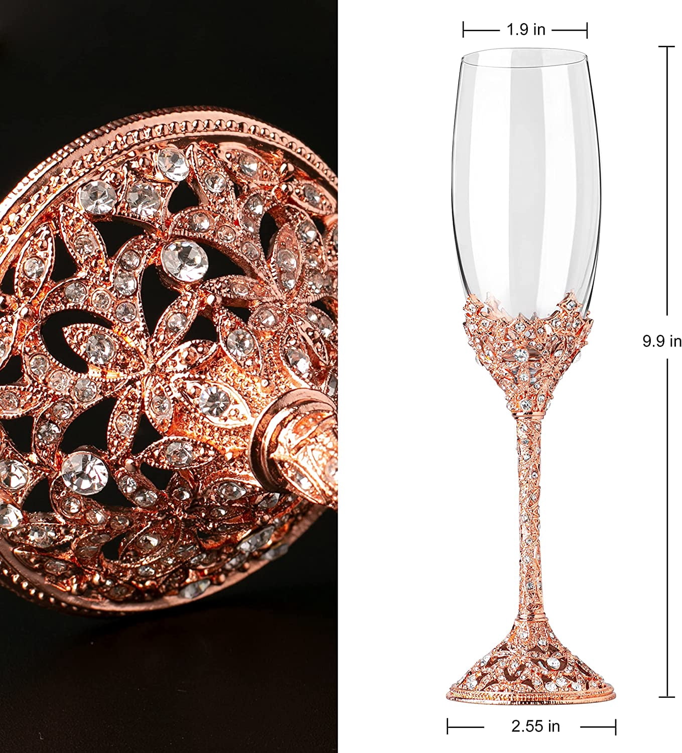 Champagne Flutes - Crystal Glass Metal Base With Crystal Stones, Set of 2 Toasting Flute Pair, Wedding Anniversary Party Birthday Banquets and Gifts for Bride and Groom7oz