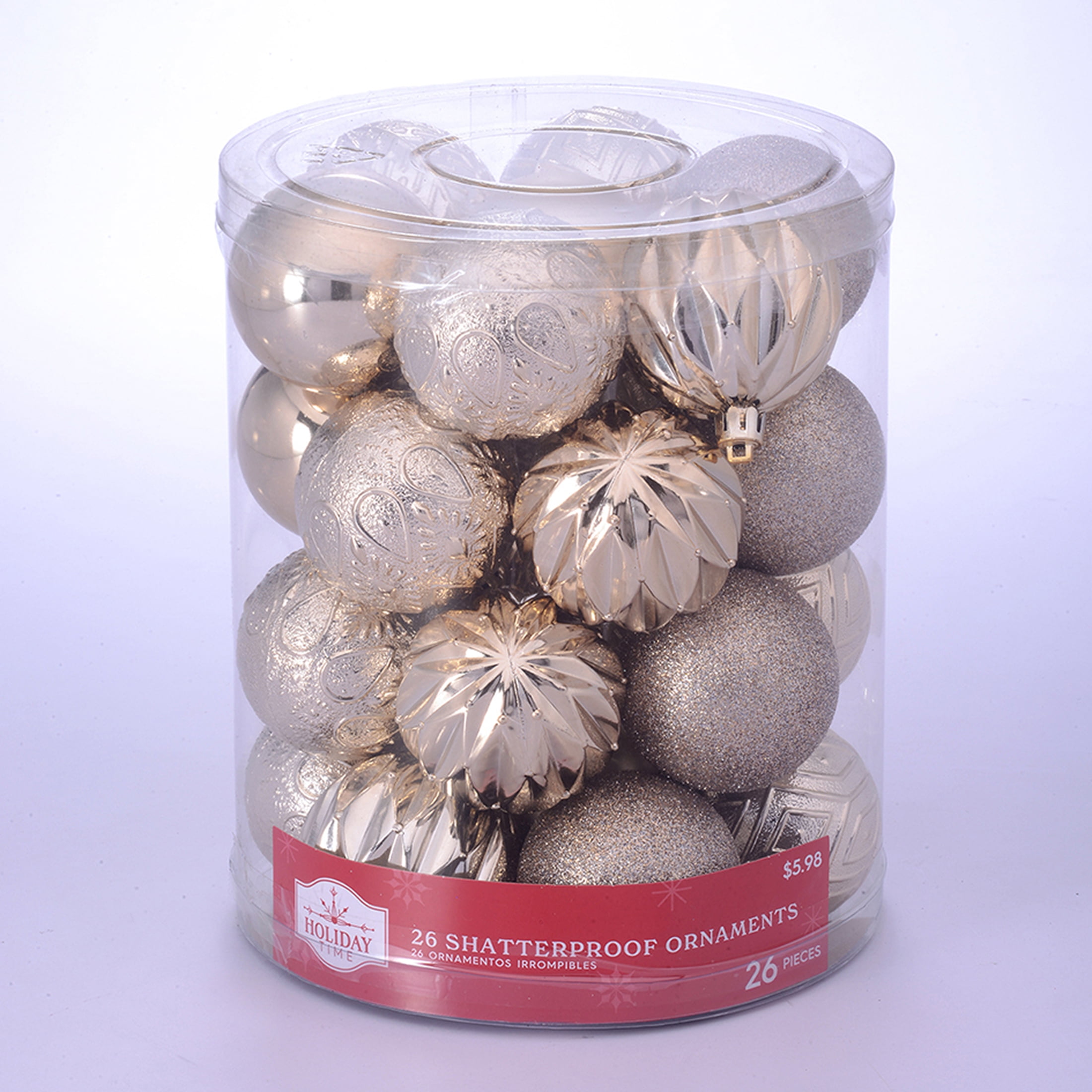 Holiday Time Champagne Gold Shatterproof Ball Christmas Ornaments, 26 Count