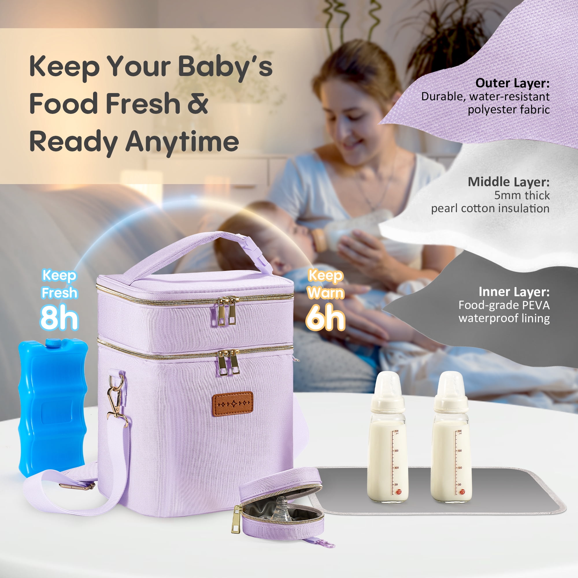 Breast Milk Cooler Travel Bag – Leakproof Insulated Baby Bottle Cooler Bag with Ice Pack,  Portable lunch bag, Purple