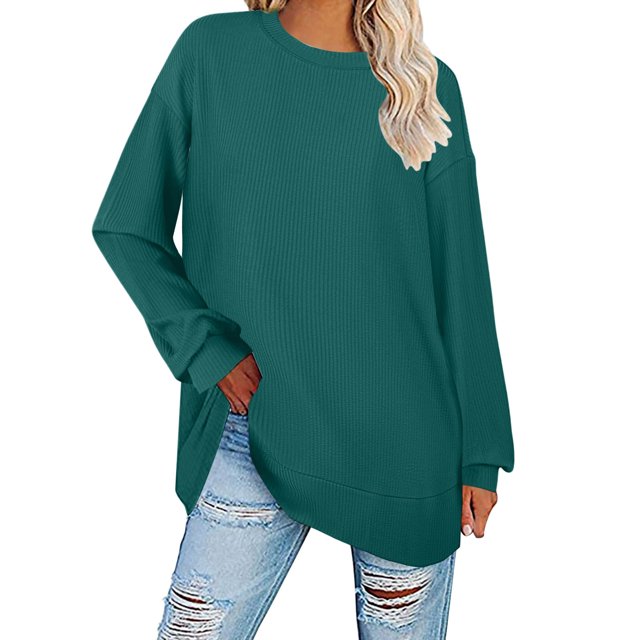 NINGMENG Womens Tops Solid Color Round Neck Long Sleeve Loose Knit Ribbed Lightweight Tops Pullover T Shirts Outwear,Green,XL
