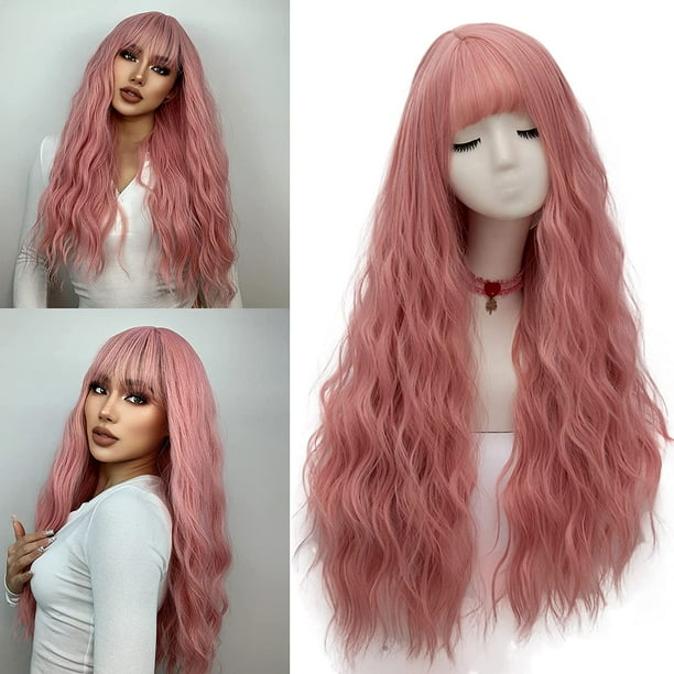 netgo Women s Pink Wig Long Fluffy Curly Wavy Hair Wigs for Girl Heat Friendly Synthetic Cosplay Party Wigs