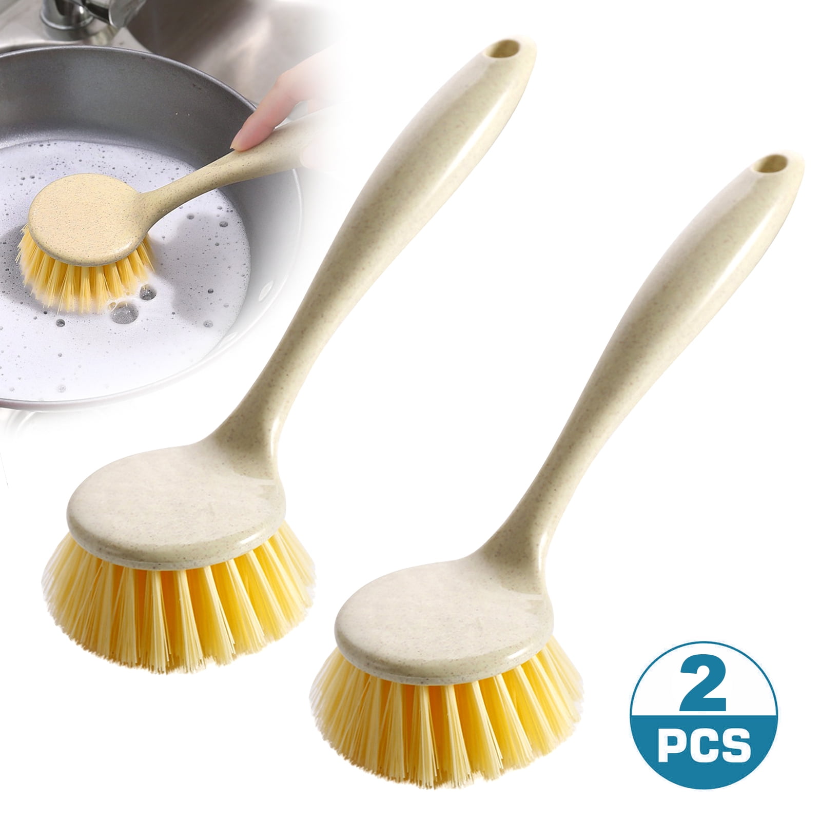 2pcs Kitchen Dish Brushes, TSV Kitchen Scrub Brush with Comfortable Handle, Dish Scrubber with Stiff Bristles for Pans, Pots, Kitchen Sink Cleaning, Dishwashing and Cleaning Brushes, Beige