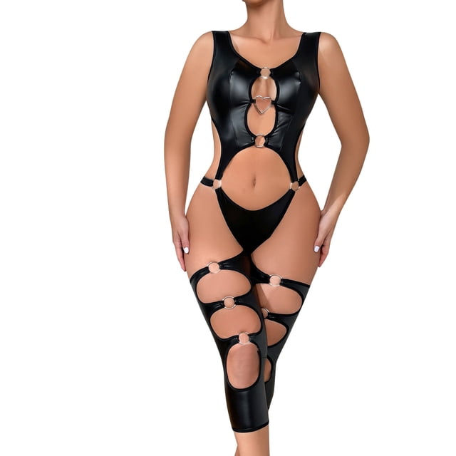 gibobby conjunto de lencería ropa interior divertida para mujer, escote en v profundo, encaje sexy, vestido transparente, vestido para conjuntos de lencería(negro, g) Modelo muestra un mono negro de lencería con escote en V profundo, amplios recortes frontales y en muslos unidos por aros metálicos, tirantes anchos y espalda abierta; tejido elástico según especificación (95% poliéster, 5% spandex), silueta ajustada sobre fondo blanco, indicado para noches íntimas, luna de miel o fiestas de lencería.