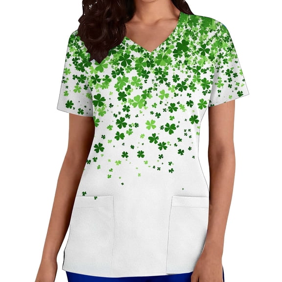 Kilaqueen St. Patrick's Print Scrubs for Women Short Sleeve V Neck Medical Nursing Shirts with Pockets