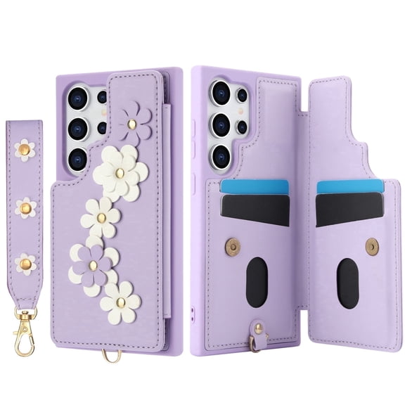 Allytechgroup Shockproof Floral Wallet Cell Phone Case with Crossbody Shoulder Strap, Hand Wrist Cards Holder for Samsung Galaxy S25 , Purple