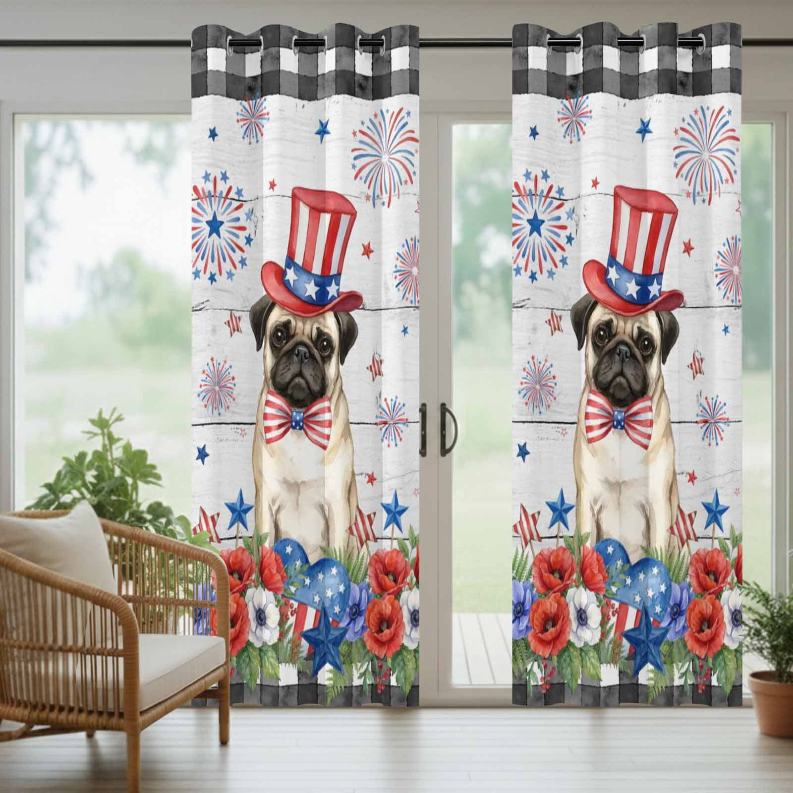 Independence Day Outdoor Curtains for Patio, Cartoon Pug Dog Cute Puppy Colorful Poppy Wood Grain Sunshade Privacy Drapes Grommet Waterproof Outside Curtains for Porch Balcony 54"x108", 2 Panel