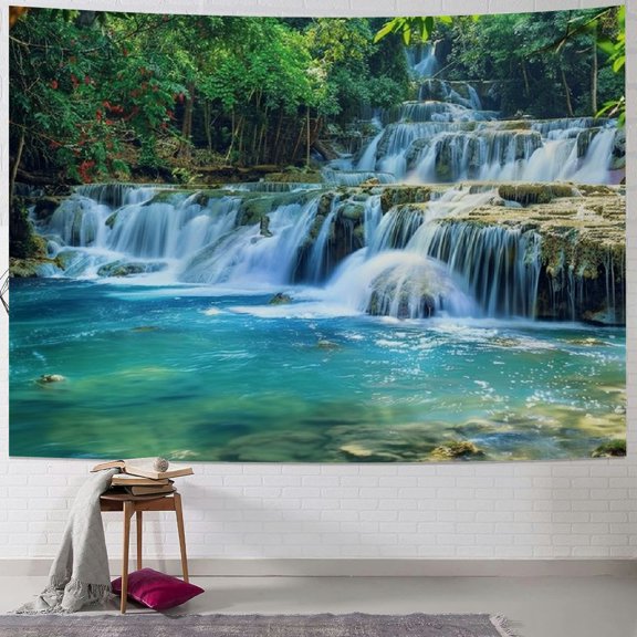 PRATYUS Green Waterfall Tapestry Forest Water Stone River Scenic Tropical Jungle Trees Wild Plant Nature Landscape Wall Hanging Bedroom Living Room Hanging Decorative Blanket 40x30inch