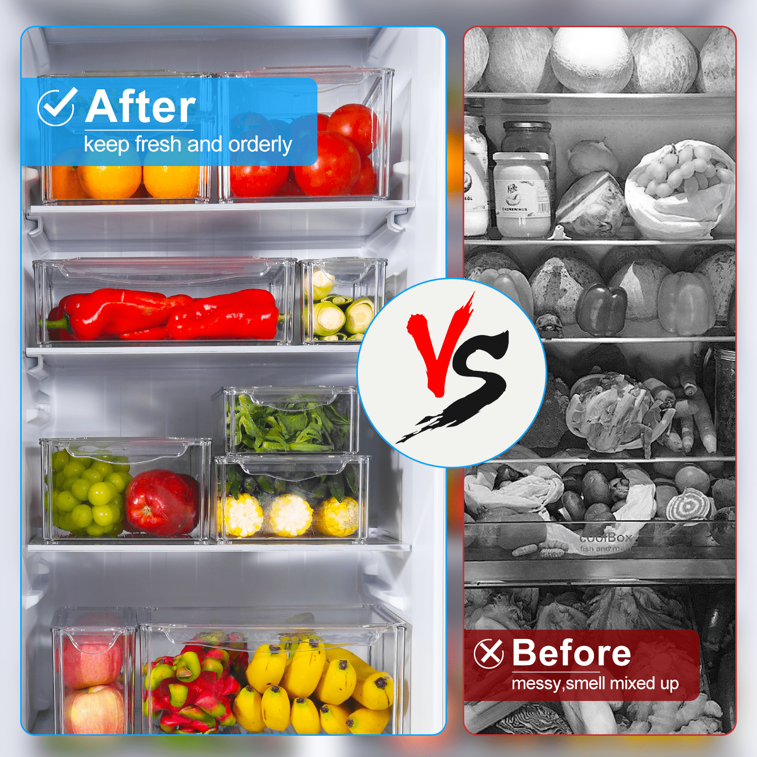 Pure Future 10 Pcs Fridge Organizers and Storage, Clear, Stackable with Lids for Fruit & Vegetables