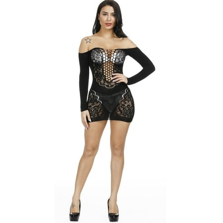Generic Sexy Lingerie Sexy Sling Fishnet Clothes Skinny Hollow-out See-through Hip Skirt Long Sleeve Jacquard plus Size