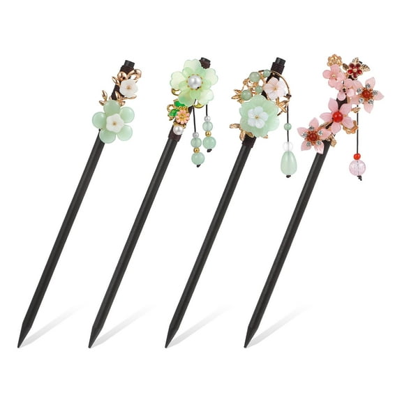 SR Asian Hair Sticks, 4 Pcs 7" Wooden Japanese Hair Pin Stick with Flower Bead Pendants, Traditional Asian Hair Sticks with Vintage Tassel & Chopsticks for Hair, Colorful