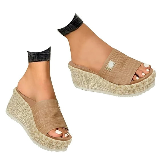 Mepaouo Platform Sandals Women Slip on Espadrille Wedges Slides Bohemia Open Toe Beach Shoes(Khaki,8.5)